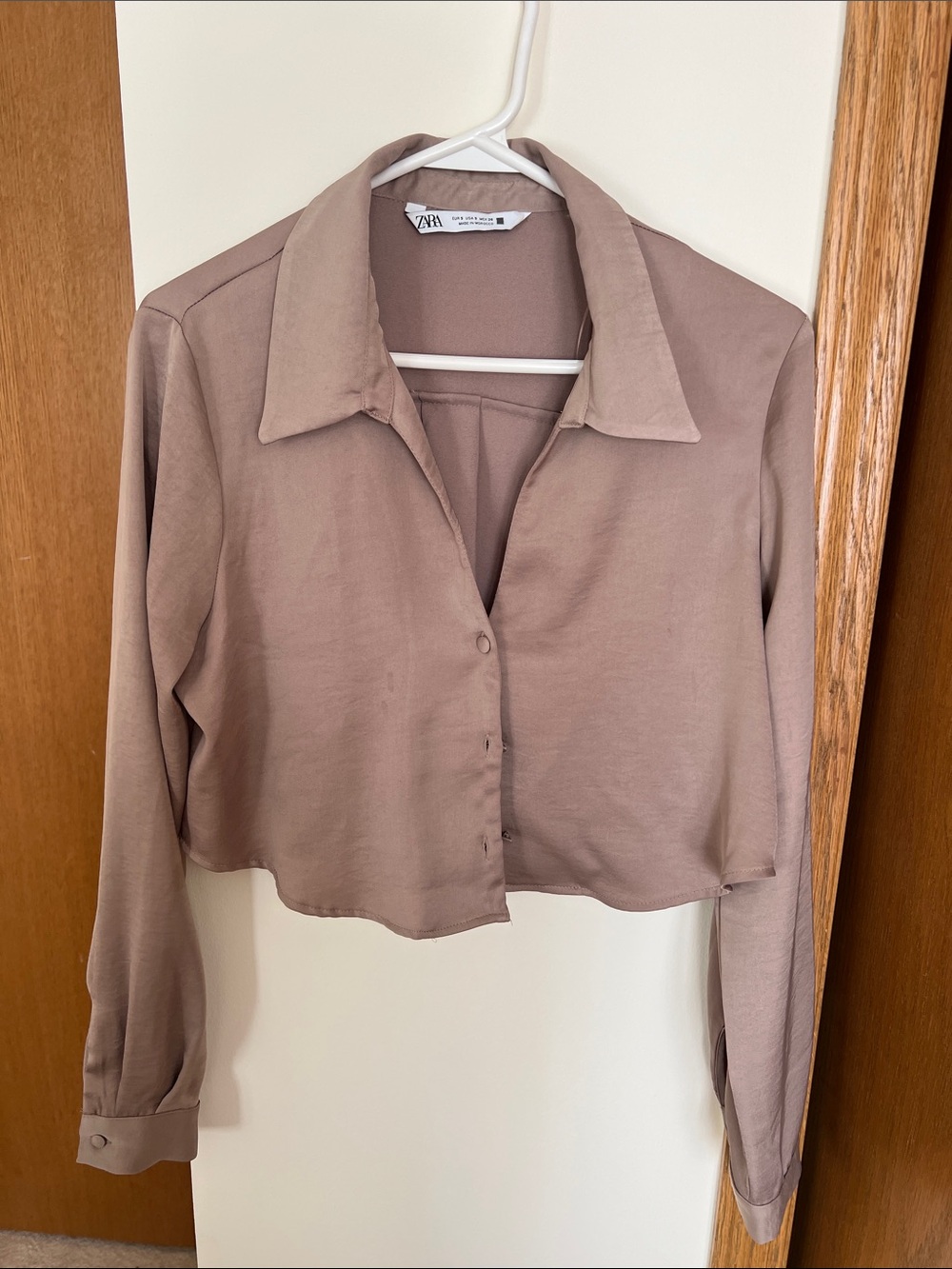 Zara Cropped Button-Down Shirt - Taupe Beige